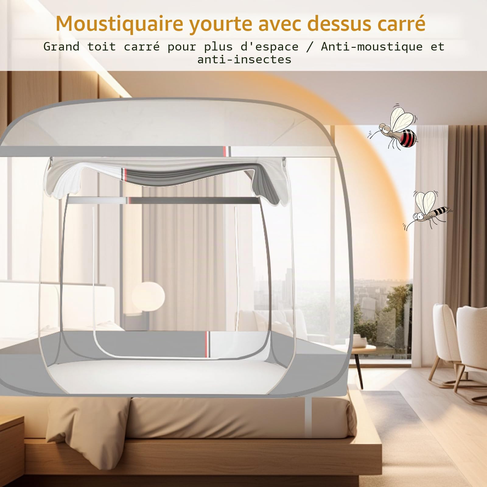 Moustiquaire pop-up pliable - Tente de lit - Grand filet anti-moustiques - Rideau de camping avec sol pour sol de lit, camping, voyage, montage facile - 1,8 x 2 m - Gris