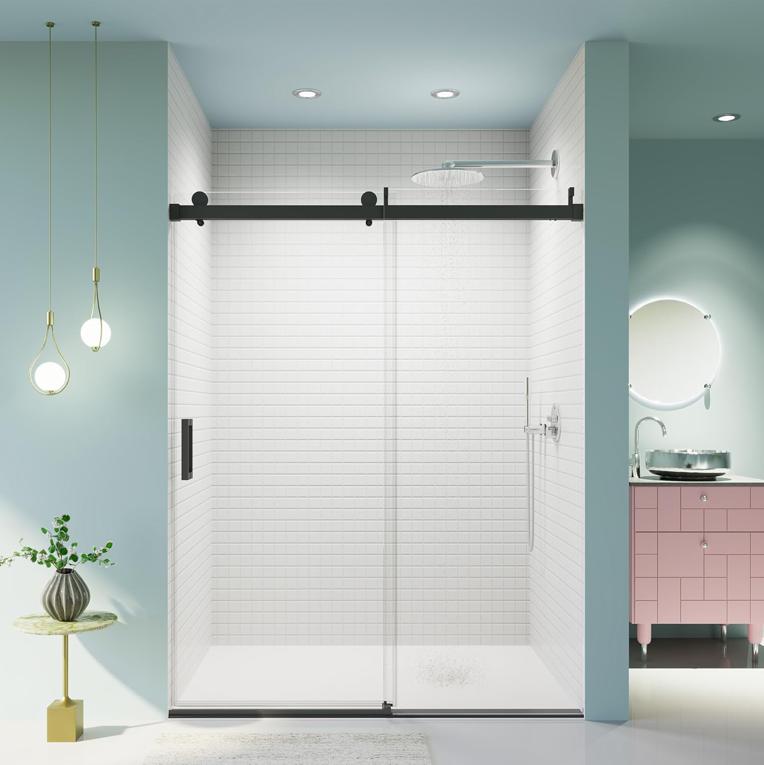 56-60" W * 76" H Frameless Shower Doors, 3/8" (10mm) Thick SGCC Tempered Glass Bathroom Single Sliding Soft-Close Shower Door, Reversible Installation, Matte Black