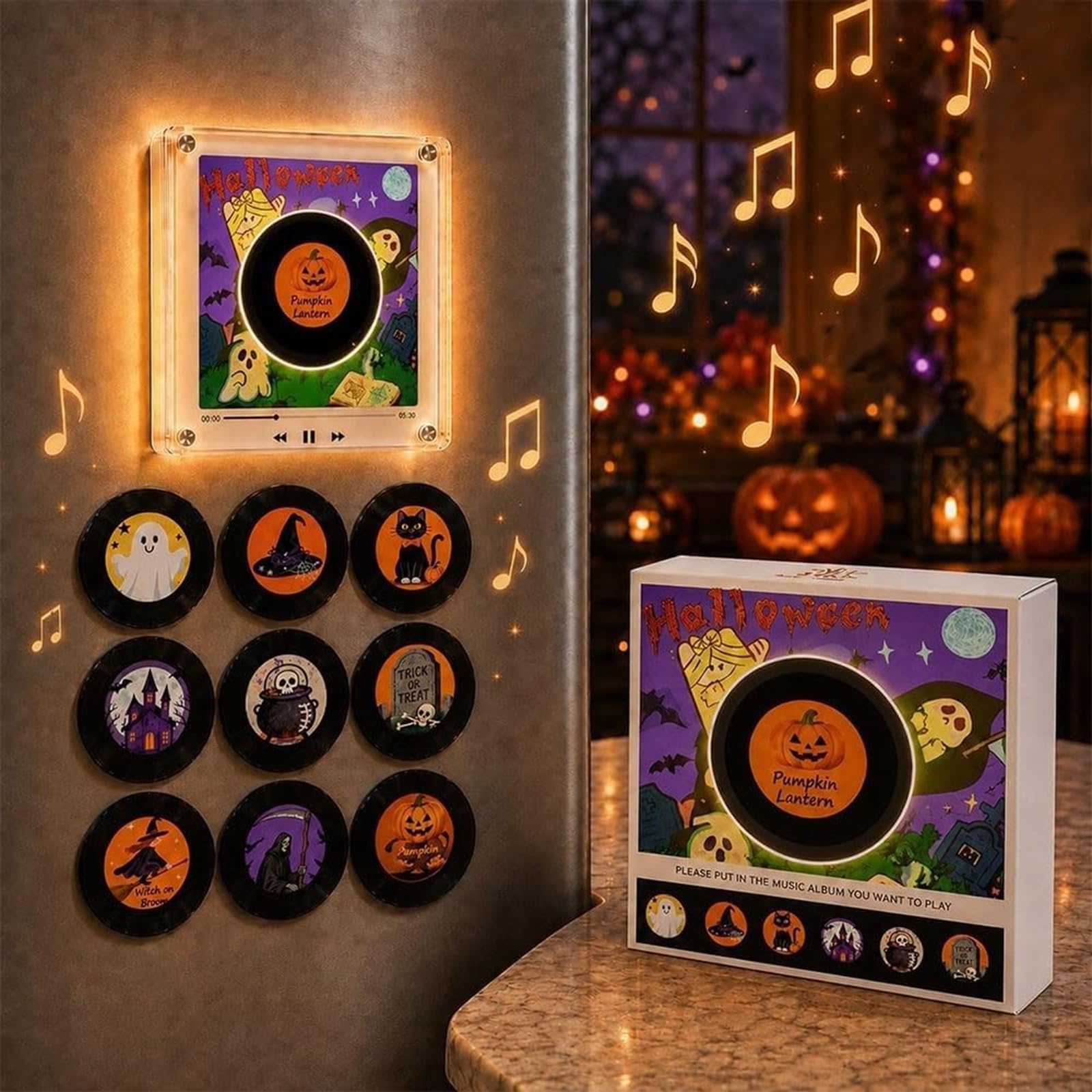 Weihnachts-Retro-Kühlschrankmagnet aus Vinyl Set, Mini NFC Musik Player mit 9 NFC-Discs und dynamischer LED-Beleuchtung, Weihnachtlicher Kühlschrankmagnet mit Beleuchtung, Kreative Musik Dekoration(F)