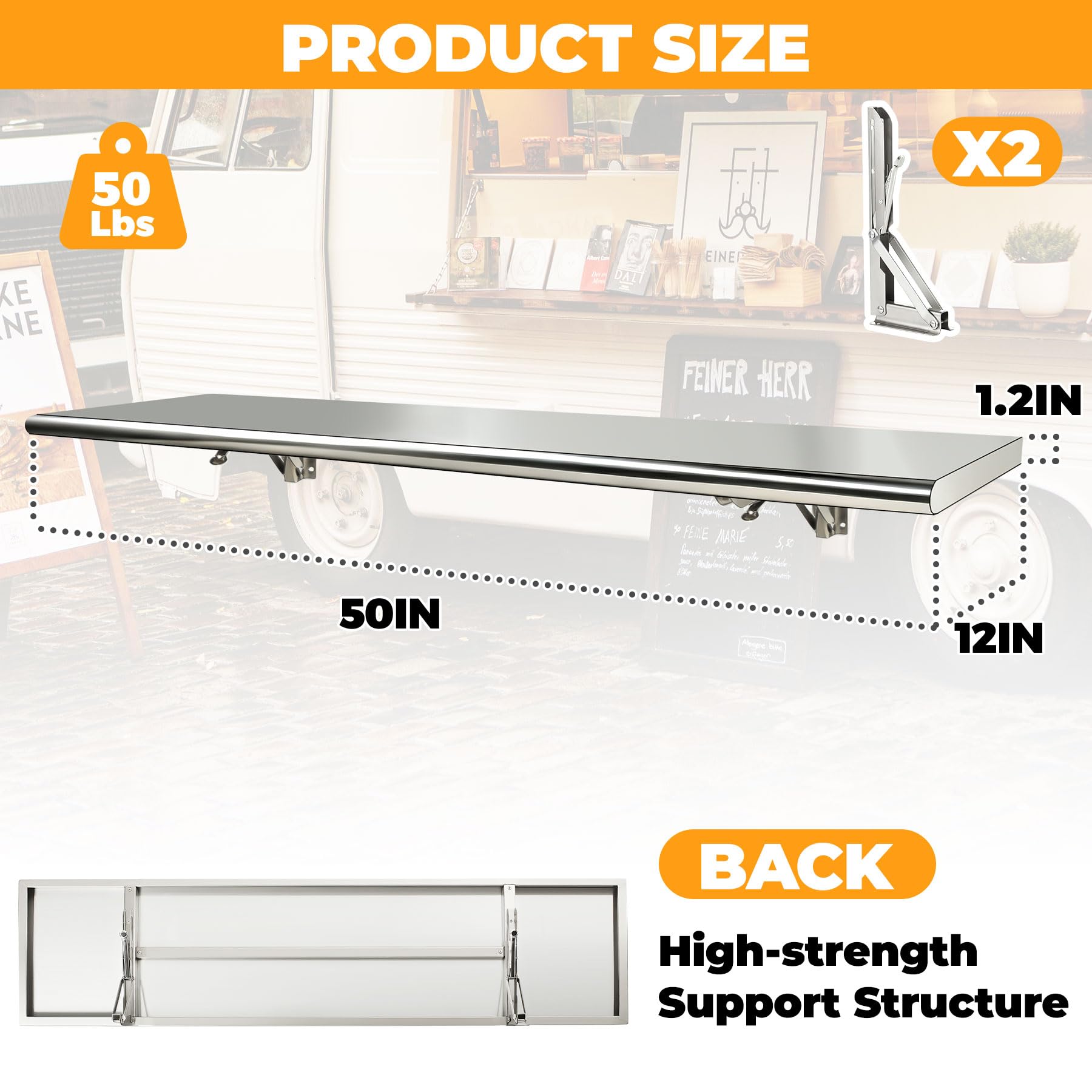 Sidasu 127 cm L x 30,5 cm B Edelstahl-Konzessionsregal, zusammenklappbares Regal, Lebensmittelregal, Ständer für Konzessions-Servierfenster, Restaurant und Bar