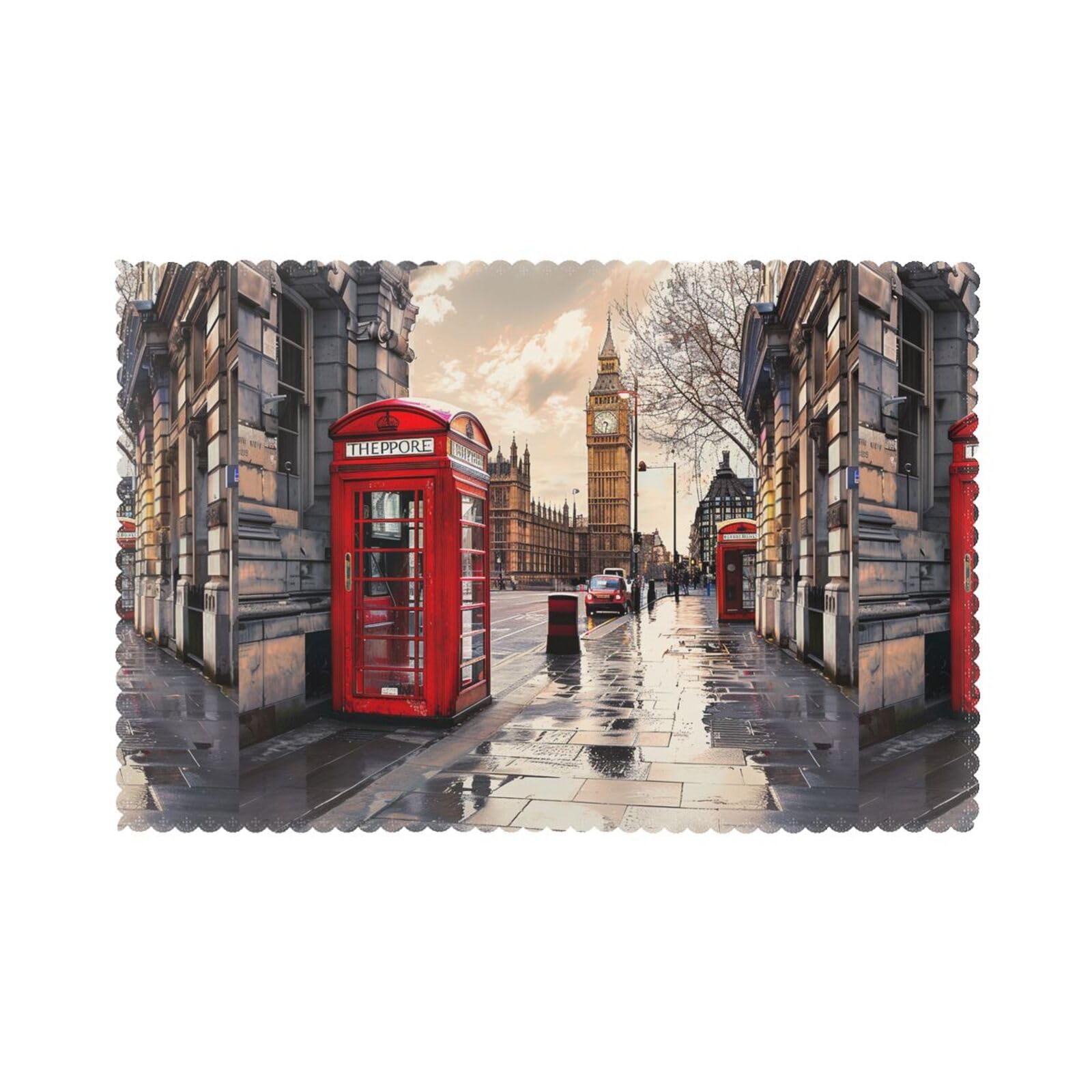 Red Phone Booth London Street Printing Polyester Placemats 6 Pieces, Indoor Outdoor Heat Resistant Dinner Table Place Mats Set of 6, 45x30 CM