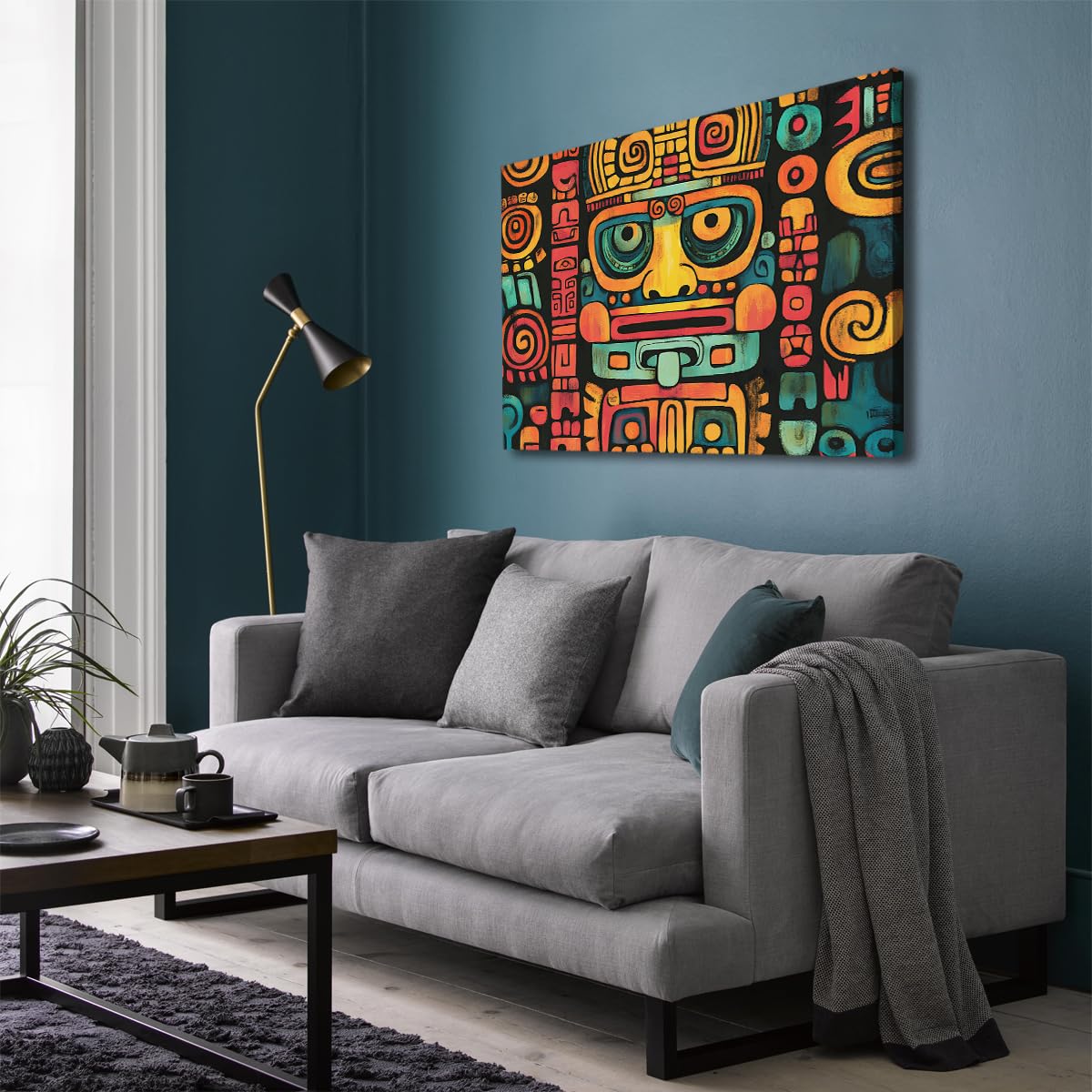 Via Vela Art aztèque en toile encadrée murale visage Ombre abstraite Affiche symbolique contemporaine ethnique Murale pour décoration d’appartement de bureau 45x60cm