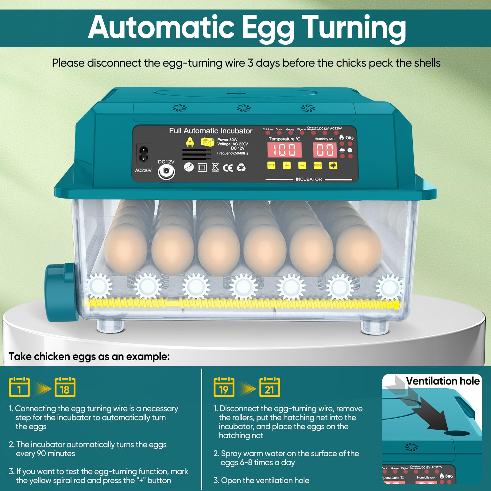 Incubadora automática de huevos de 36 huevos,Incubadora automática de huevos con volteo automático de huevos, control de temperatura y humedad, incubadoras para Eclosión de Pollo, Cana (36 huevos)