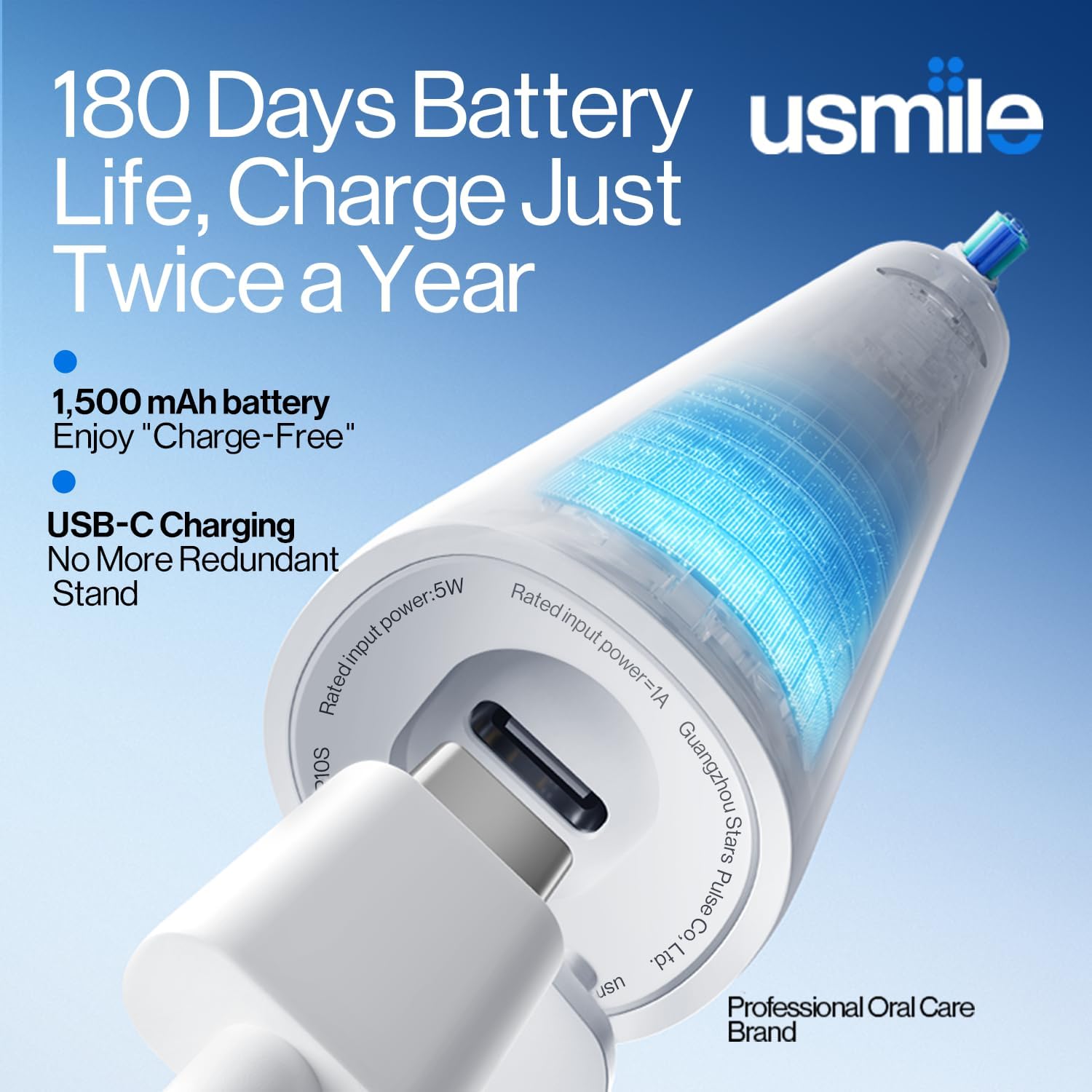 usmile P10S Sonic Electric Toothbrush – 3 Modes Deep Clean & Whitening, 180-Day Battery Life, Cushioned Gum-Care Brush Head for Sensitive Teeth, Smart Timer, 2 Brush Heads (White)