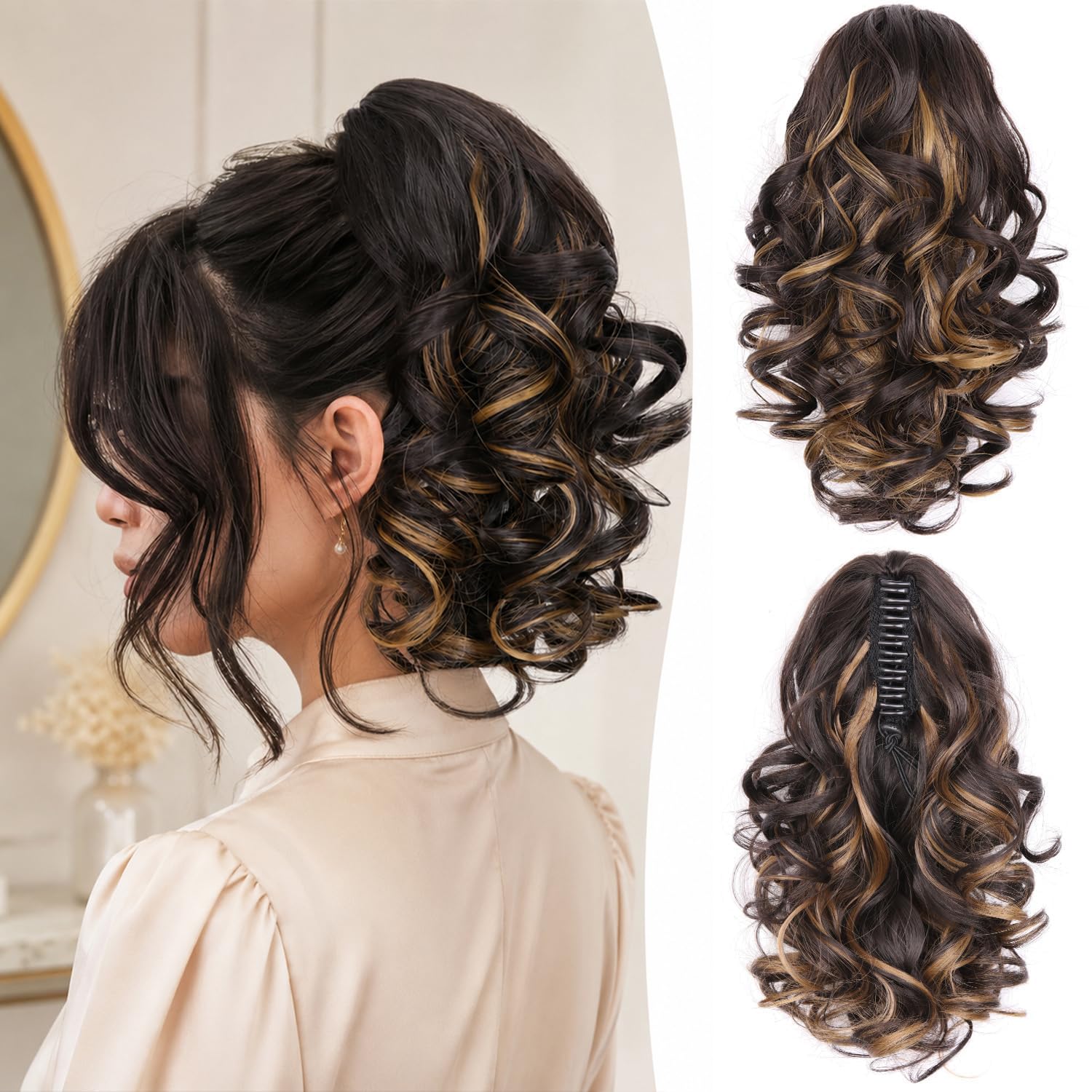 Photo 1 of 12 Inch Ponytail Extension - Soft Wavy Pony Tails Hair Extensions, Claw Clip Ponytail Extension, Synthetic Hair Extensions Ponytail, Clip in Ponytail (Color: Dark Brown with Honey Blonde Highlights)