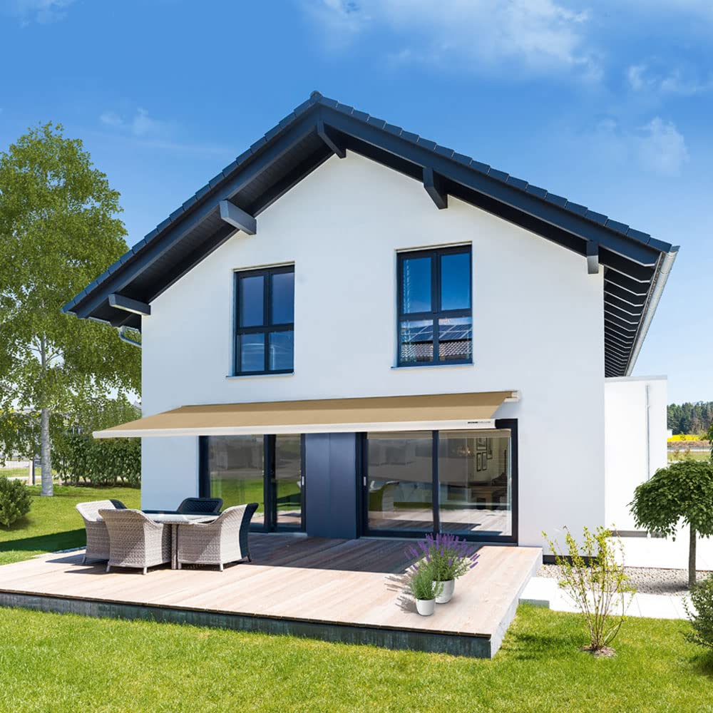 Home Deluxe - Toldo LED cofre completo ELOS - color arena, 350 x 250 cm - incl. sensor de viento y sol, mando a distancia, manivela, material de montaje I Cubierta de patio Protección solar Protección