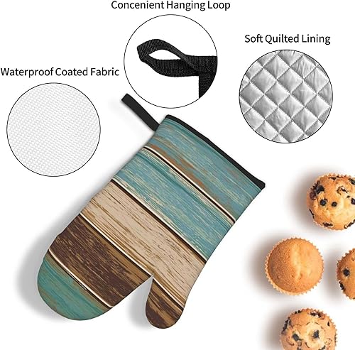 Miniatura 5 de Juego de manoplas de horno y soporte para ollas de madera vintage náutica, diseño retro azul océano rústico con estampado de aceite, almohadilla