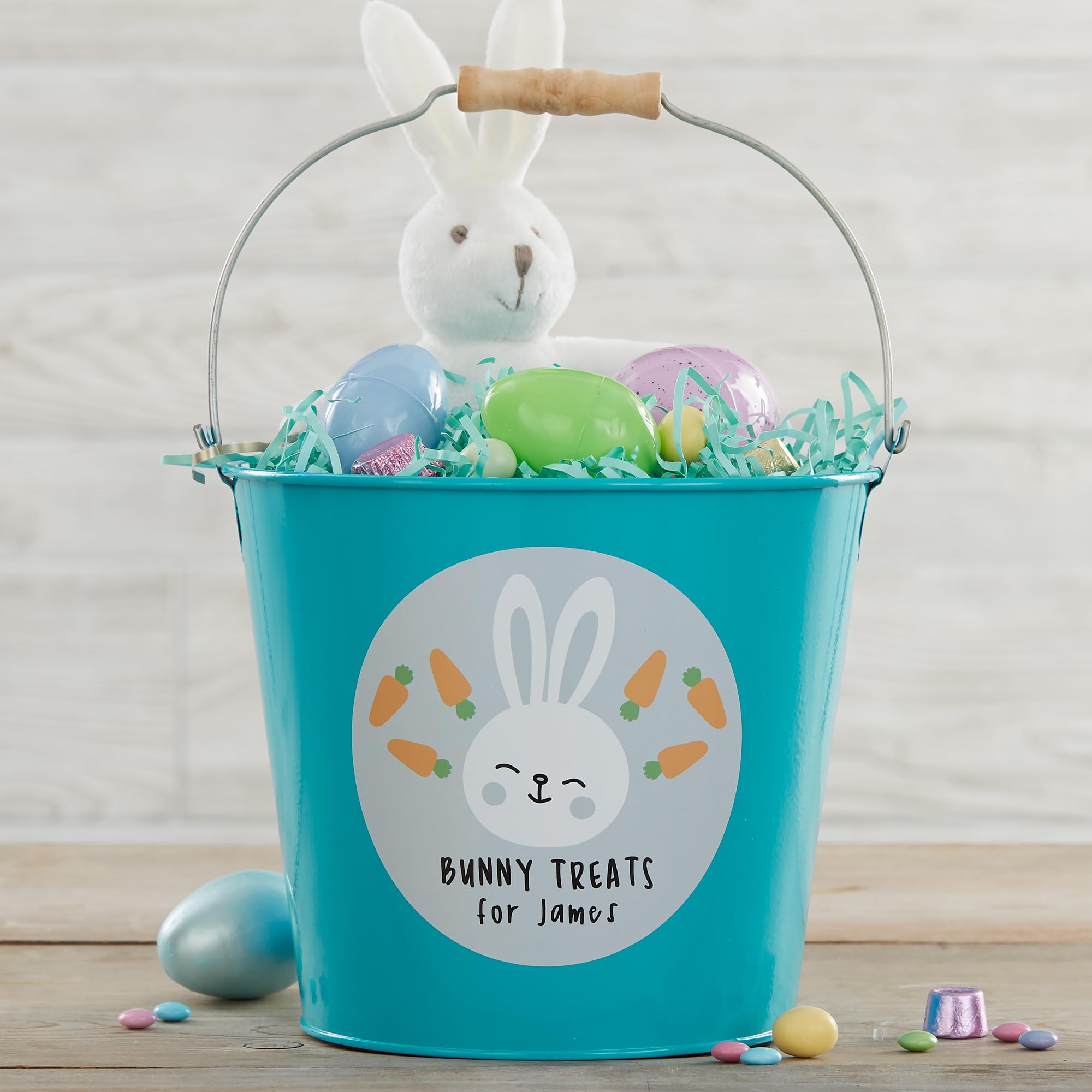 Personalization Universe Bunny Treats Personalized Treat Bucket - Ideal for Easter Basket Stuffers and Candies, Grey, Coral, or Aqua Bunny Design - Large Turquoise Bucket