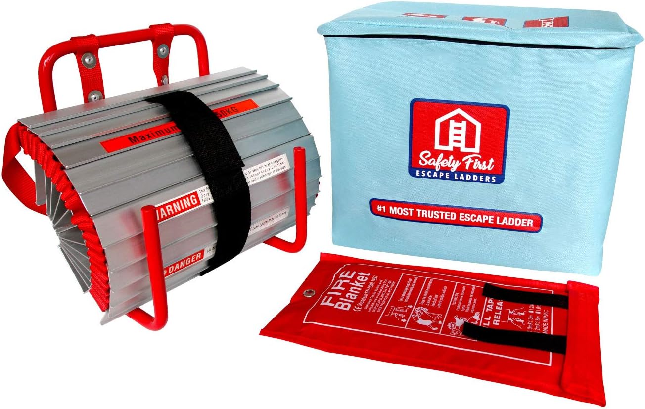 2 Story Fire Escape Ladder (13ft) by Safety First | Emergency Ladder Comes w/Fiberglass Fire Blanket | All New Anti-Slip Step, Easy to Deploy & Easy to Store