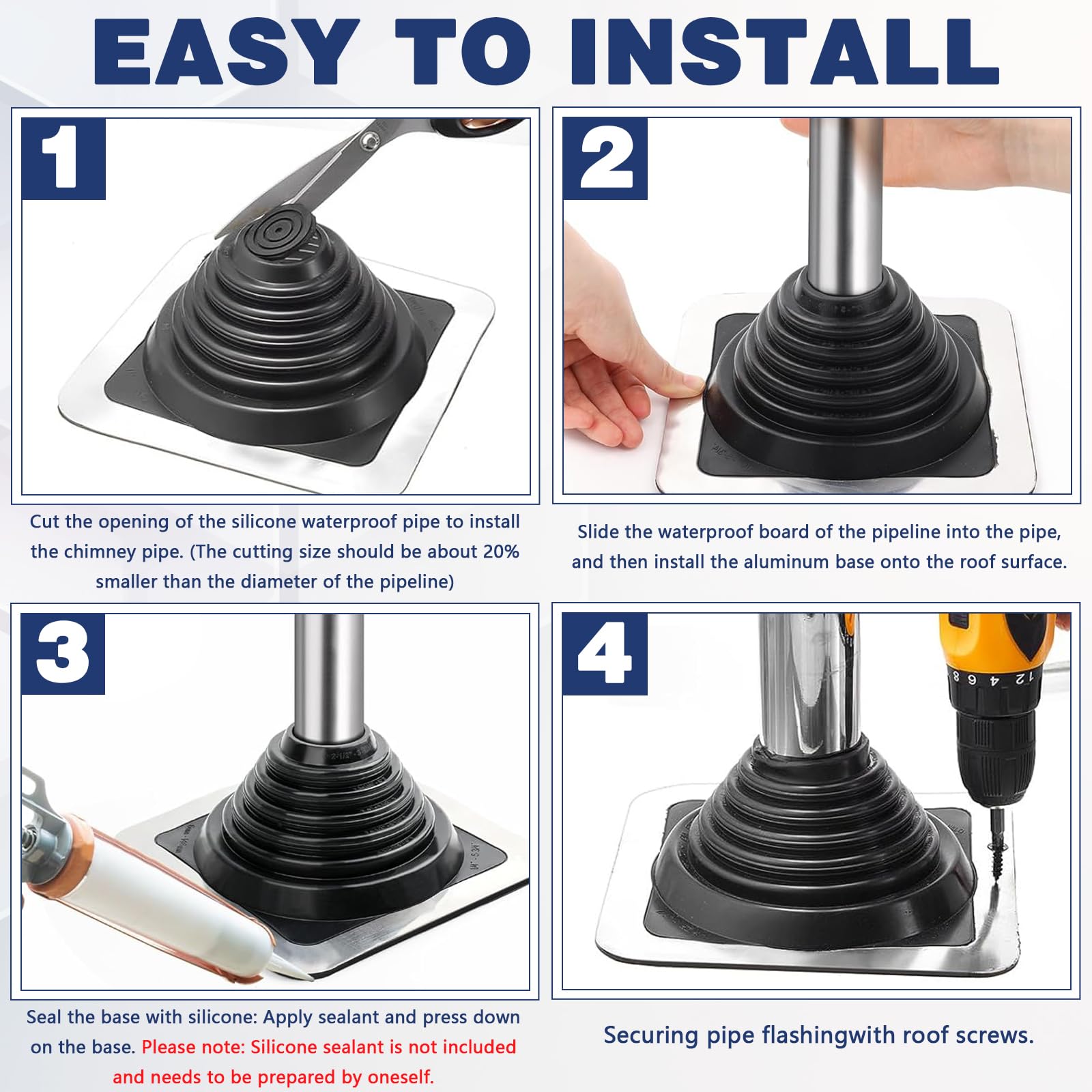 Fasteners Plus #4 Square Silicone Metal Roof Pipe Flashing Boot With Complete Install Kit (Made In USA), Fits 2-3/4" - 7" Pipe OD, Red