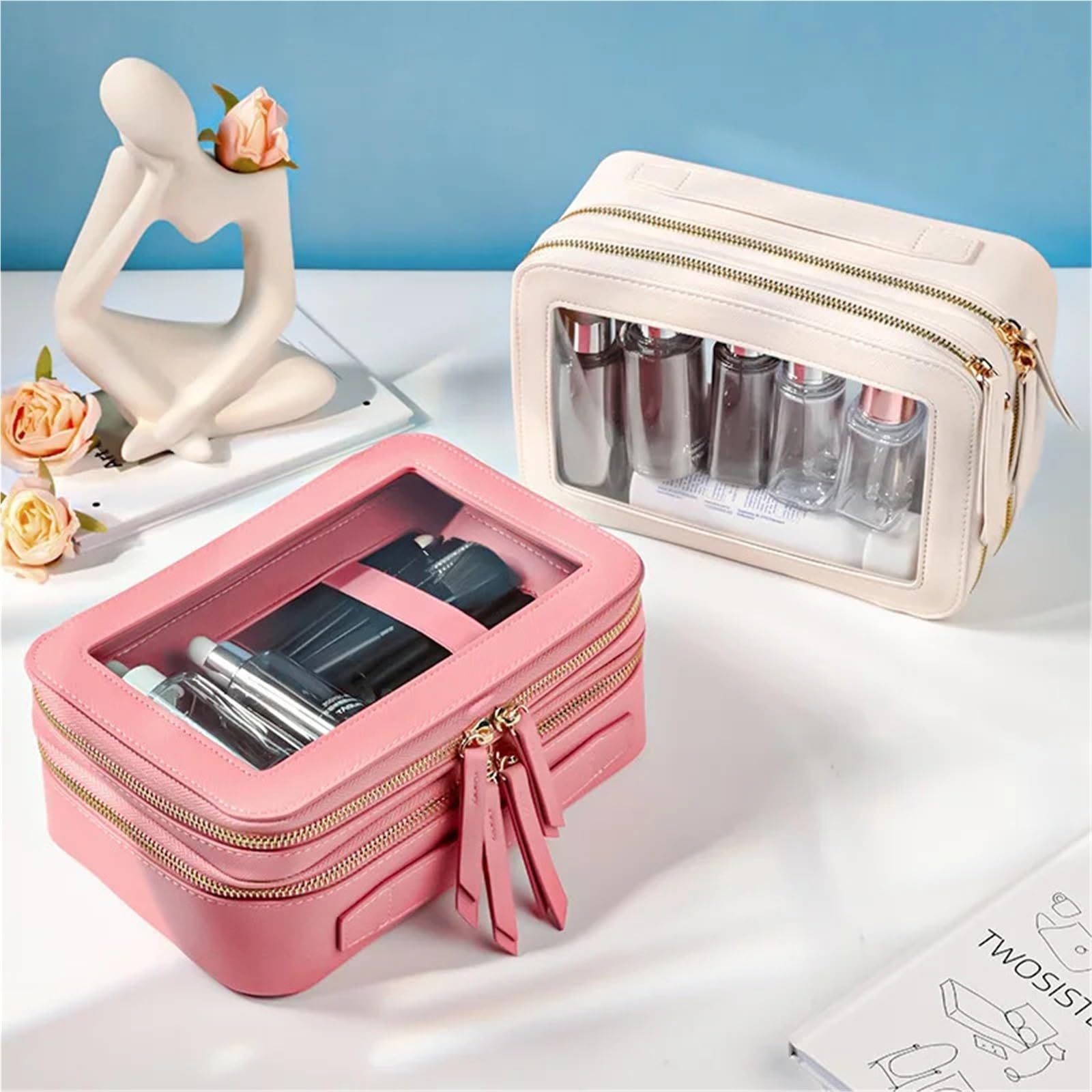Women's Toiletry Bag for Business Trips Waterproof Storage Large Capacity Portable Double Transparent Makeup Bag(Clear)
