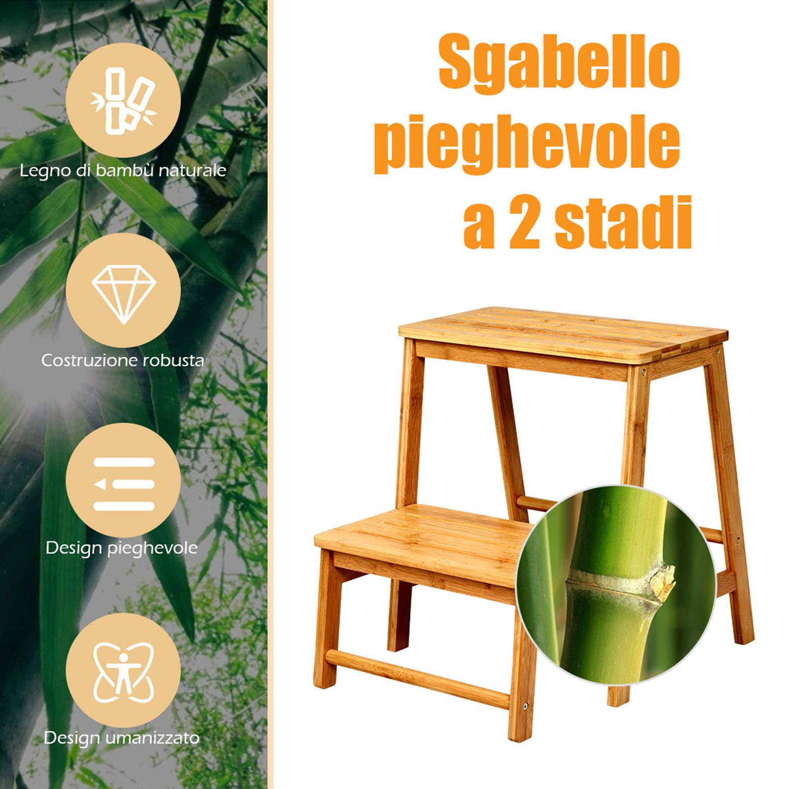 COSTWAY Sgabello Scala in Bambù Sedia Scaletta, Richiudibile Salvaspazio, Portata 100 kg, 45 x 51 x 48 cm (Naturale)