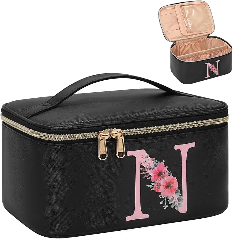 Necessaire de maquiagem OCHEAL preta com inicial, porta-pincéis e bolsos internos