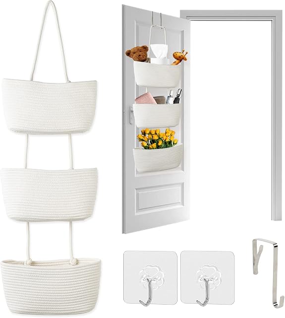 Autumnlife Wall Hanging Storage Bag, Over the Door Storage Organiser, Utility Hanging Organiser Rope Fabric Storage Solution with 3 Pockets and Hooks for Bedroom, Bathroom, Nursery - White