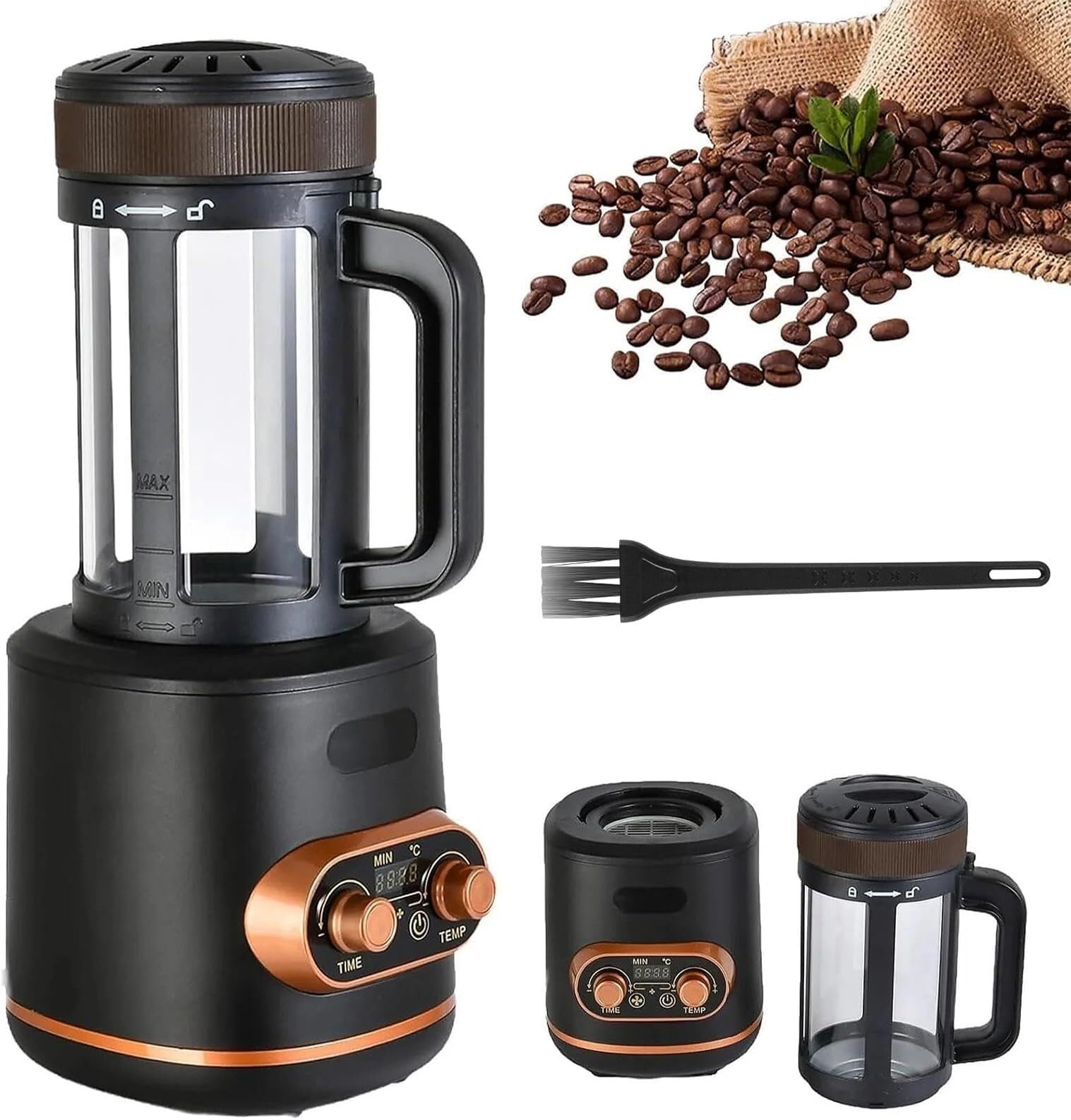 Toster do kawy 2400 W, 300 g gorącego powietrza z zegarem i regulacją temperatury do 250 ° C, automatyczne chłodzenie, szklana komora, do domu i kawiarni
