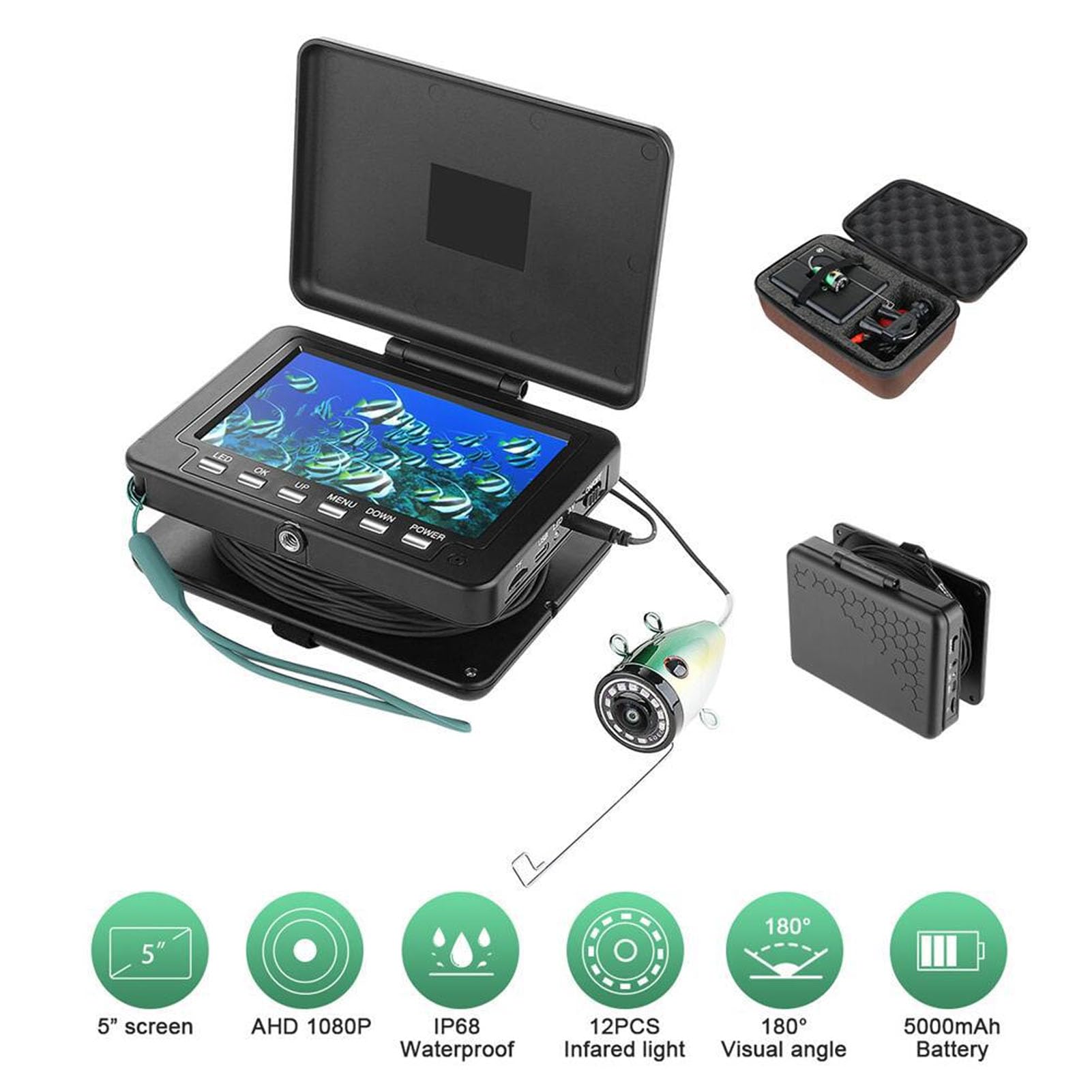 5-Zoll-IPS-LCD-Angelkamera mit Einer Auflösung von 1280 X 720, von Videos auf Einer Micro-Speicherkarte, 1080P-CMOS-Sensor, 30 M PU-Kabel, Wiederaufladbarer 5000-mAh-Akku