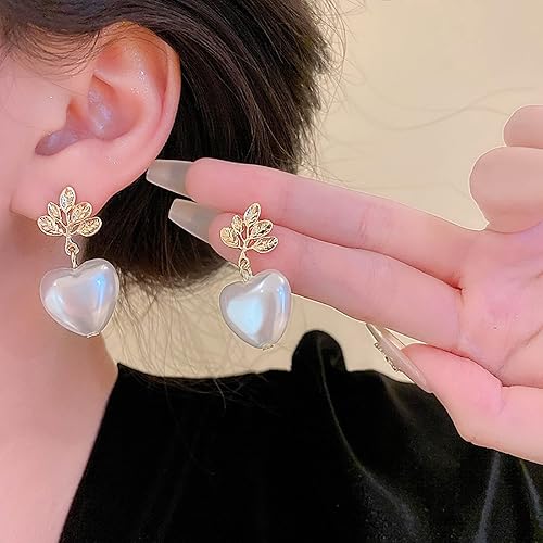 Vintage Pearl Heart Drop Earrings Gold Leaf Pearl Earrings White Pearl Heart Earrings Bridal Pearl Stud Earrings Jewelry for Women