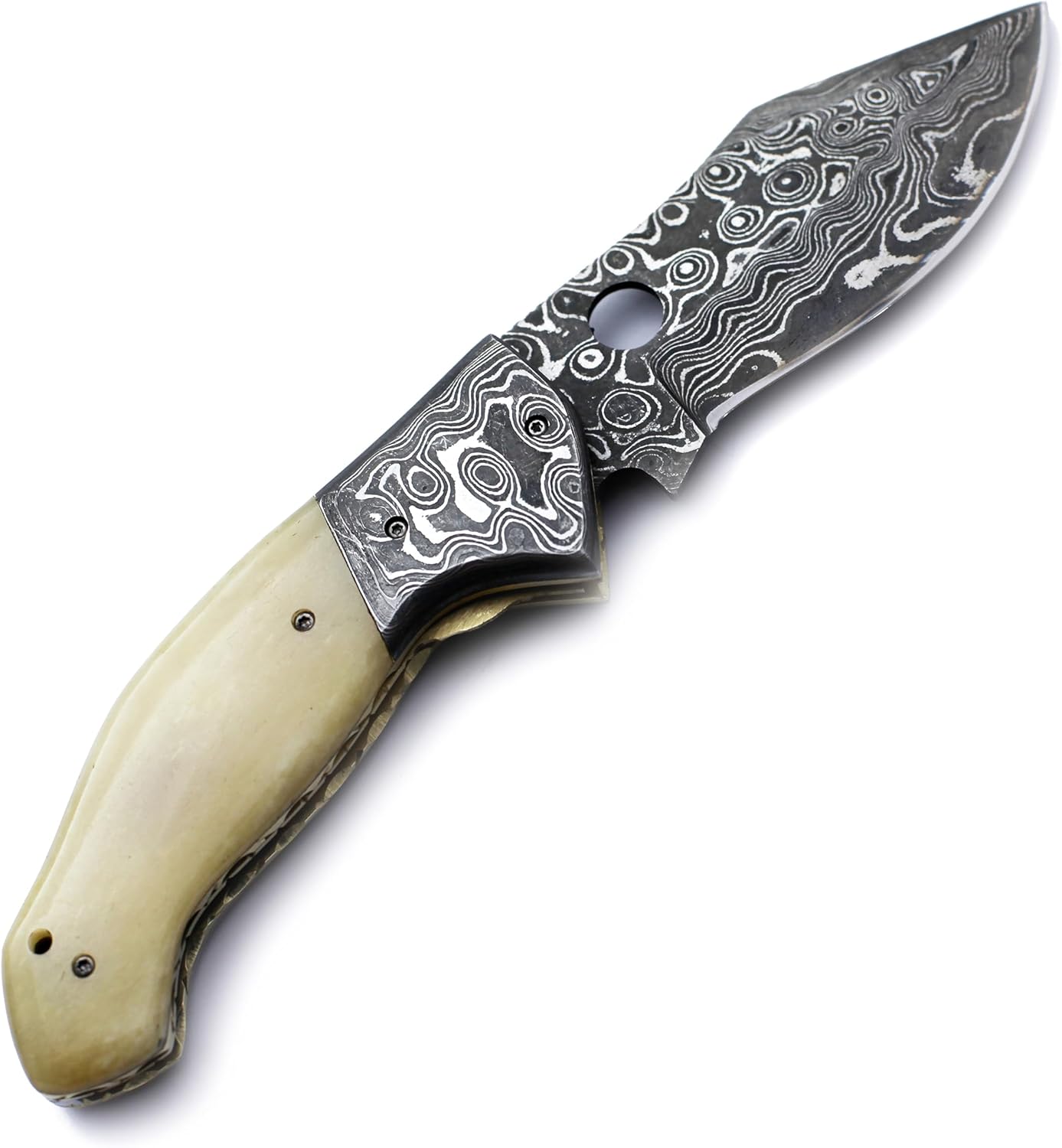 WÖLFKLINGE Damascus Handmade Folding Pocket Knife – The Ultimate EDC for Hunting, Survival, Camping, and Fishing with Bone Handle and Premium Cowhide Leather Sheath.