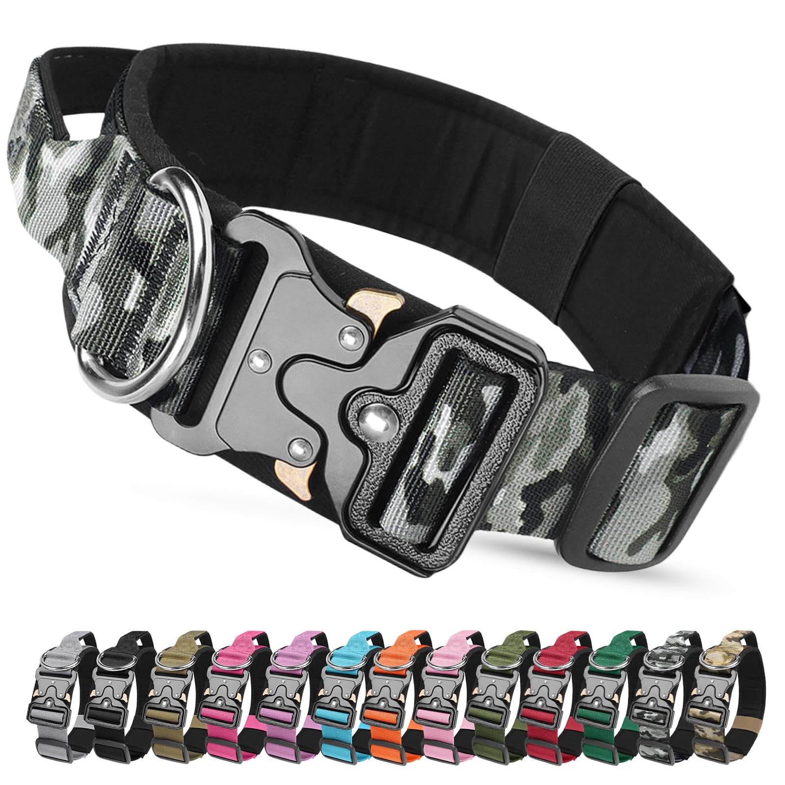 AKOFIC Tactical Dog Collar, Heavy Duty Wide Dog Collar with Handle and Soft Padded, Adjustable Comfortable Pet Collar for Small Medium and Large Dogs Training (Gray Camouflage, L)