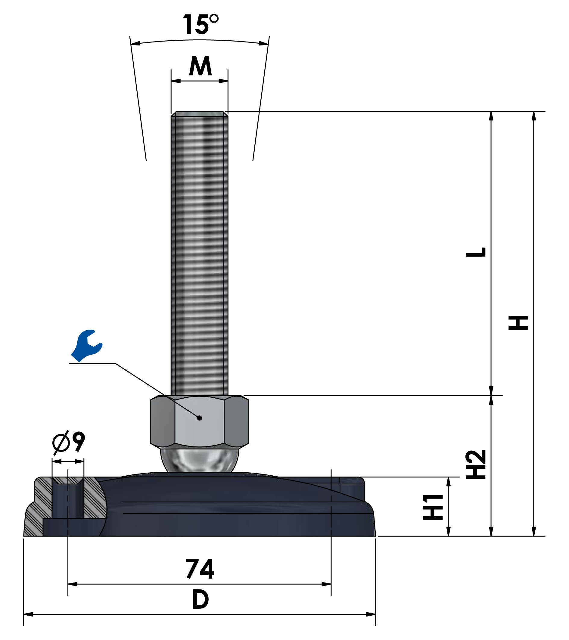 Schwaderer Maschinenfüße/Stellfüße/Nivelllierfüße/Gelenkfüße, höhenverstellbar KFEB 100 (M12x80), Ø 99mm, 4er-Set, Gewinde M12, Länge 80mm, Kunststoff/Edelstahl, Gewinde von M8-M30