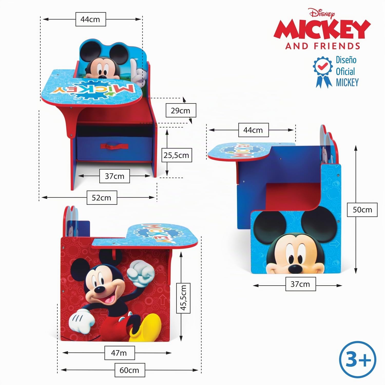 ARDITEX - Silla-Pupitre Infantil de Madera con contenedor Textil de Mickey Mouse de Disney - 62x30x60cm - Color Rojo - Ideal para Manualidades, estudiar o Jugar.