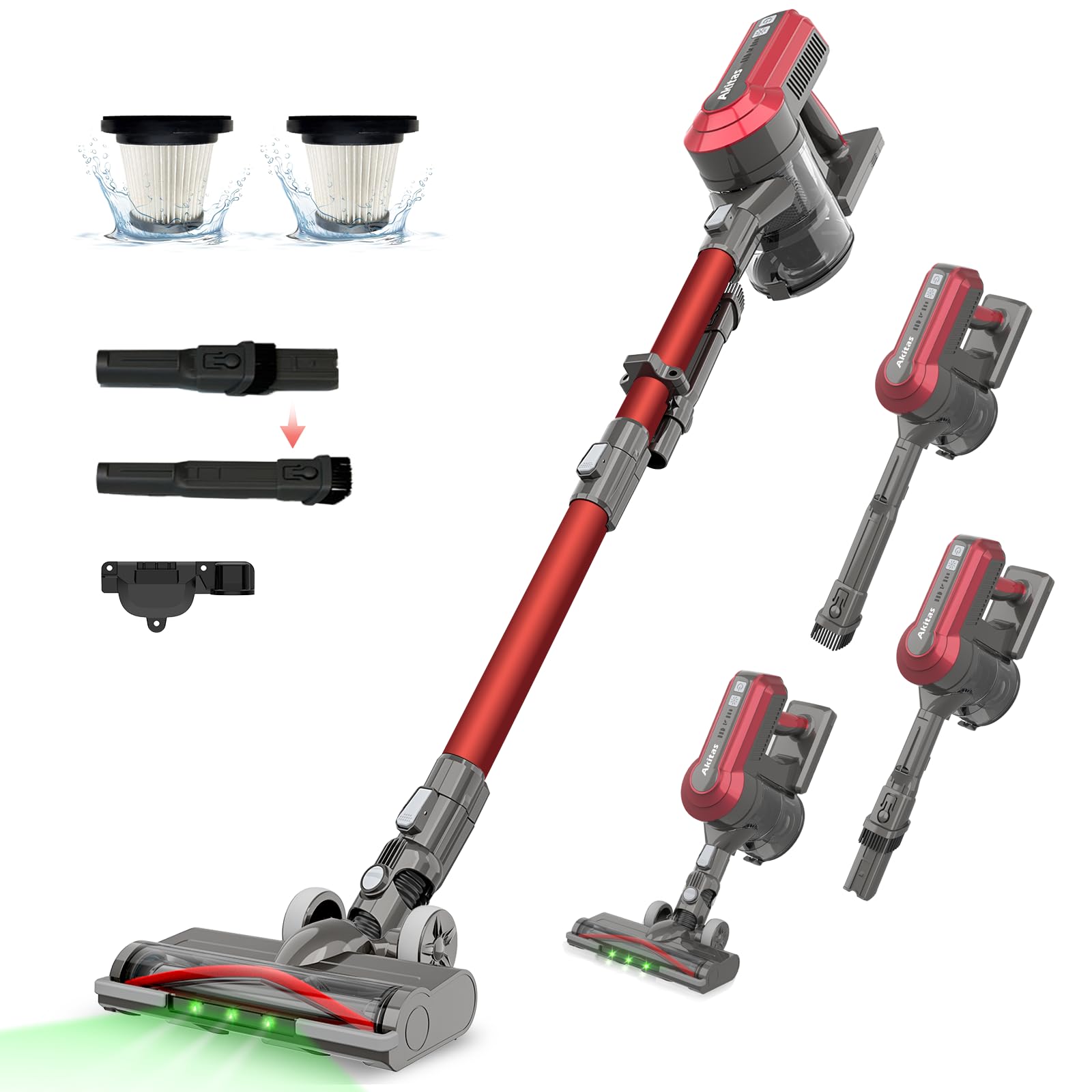 Akitas V10A Cordless Vacuum Cleaner 450W BLDC Motor 45kPa Suction 60min Runtime Lightweight Stick & Handheld LED Power Brush with Green Light Tangle-Free Ideal for Carpet Hard Floors & Pet Hair