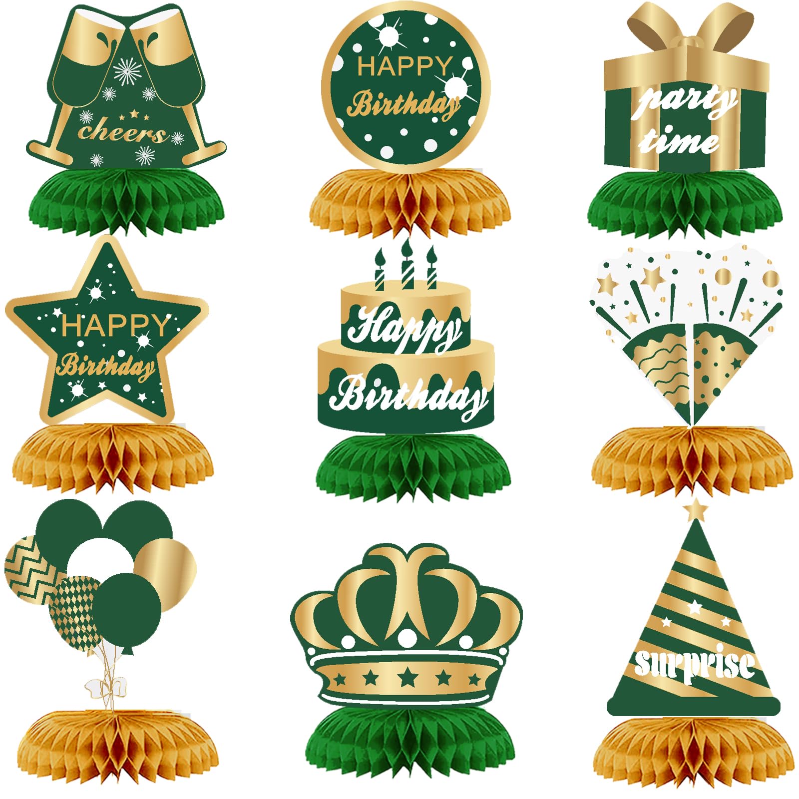 WINPOGEE 9PCS Green Gold Birthday Decorations Honeycomb Centerpieces for Women Men Green Gold Happy Birthday Table Centerpieces Party Supplies 16th 21st 30th 40th 50th Birthday Table Topper Decor
