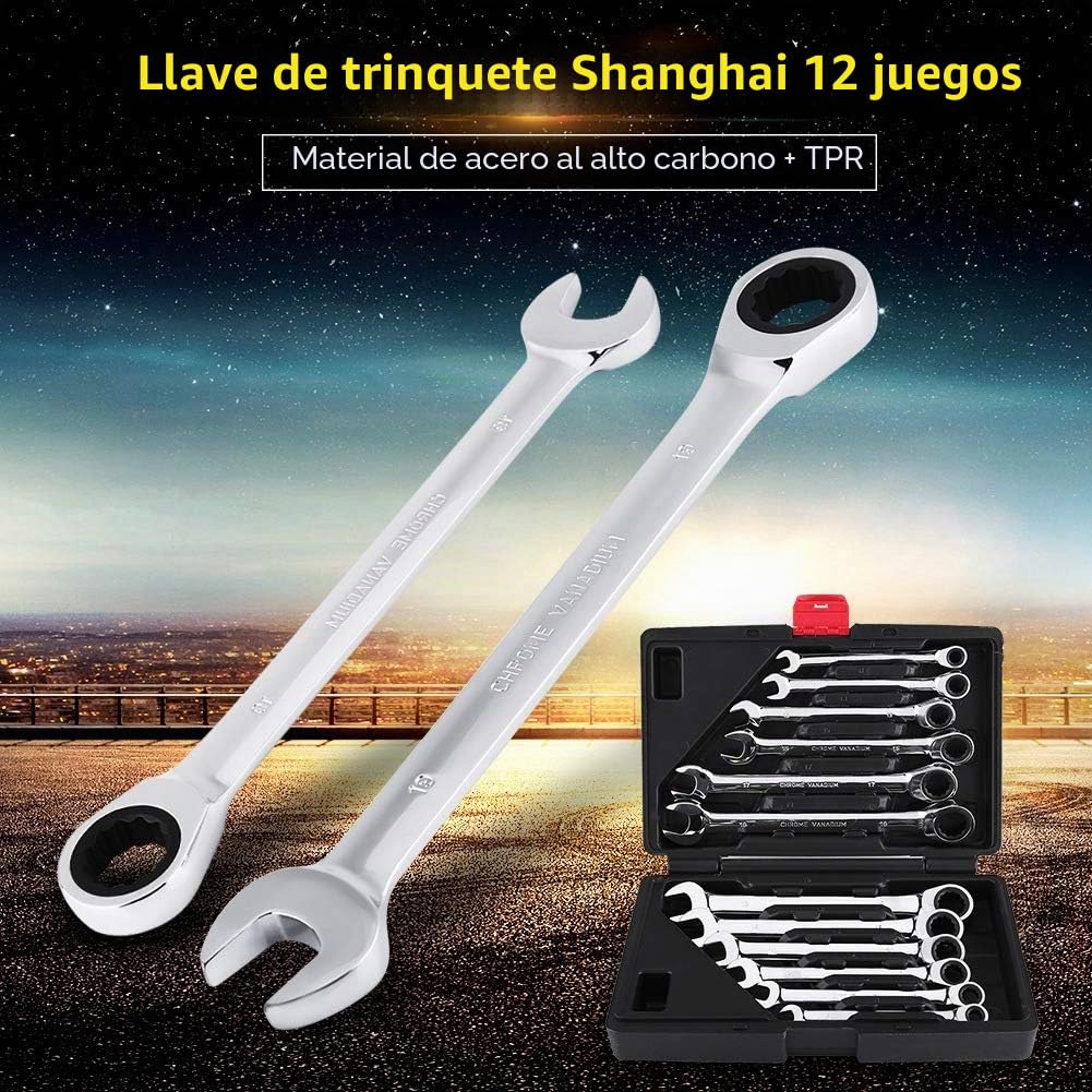 Juego de llaves de trinquete, llave de tubo de 12 piezas de 8-19 mm, juego de llaves combinadas métricas de acero al cromo vanadio, llave de trinquete reversible