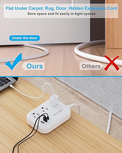 Miniatura 2 de Cable de extensión plano de 15 pies detrás de muebles, cable ultra delgado debajo de la alfombra, alfombra, puerta, barra de alimentación larga con