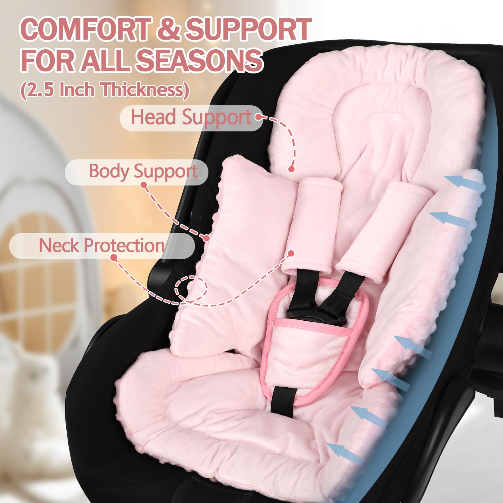 Inserto de asiento de coche para niño y niña, inserto de asiento de automóvil 3 en 1 para recién nacido con almohadillas de correa, soporte de cabeza de asiento de coche para cochecitos de bebé,