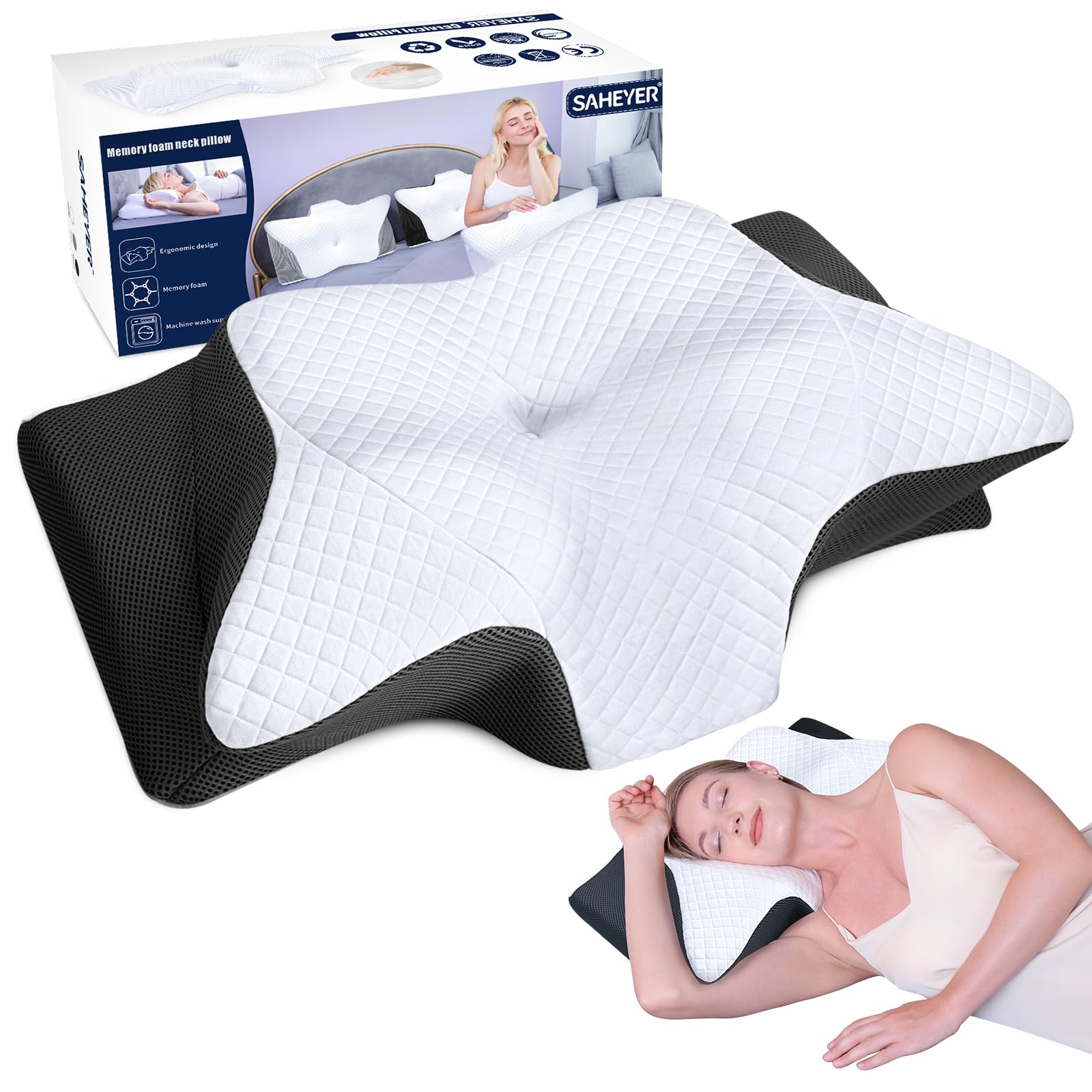 Oreiller Ergonomique Mémoire De Forme SAHEYER - 2 Hauteurs (13/11 Cm), Pour Dos, Côté, Ventre