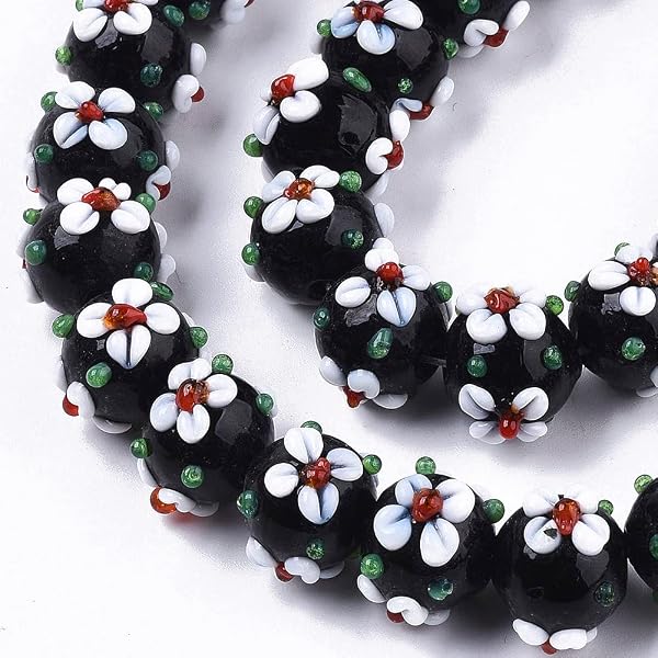 Ca. 45 Stück große, handgefertigte Lampwork-Perlen, rund mit Blumen-Glasperlen, 11–12 mm, Blumenmuster, lose Perlen für Schmuck, Halsketten, Ohrringe, Armbänder, Bastelarbeiten, Schamottziegel - 2