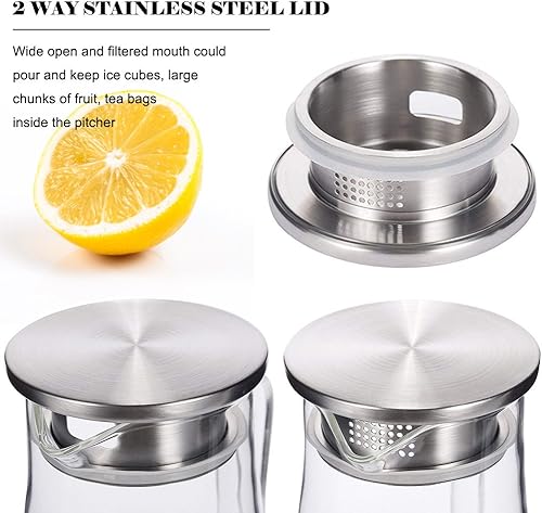 Miniatura 4 de Jarra de vidrio de borosilicato de 52 onzas con asa jarra de agua resistente al calor con tapa de acero inoxidable jarra de bebidas grande para jugo