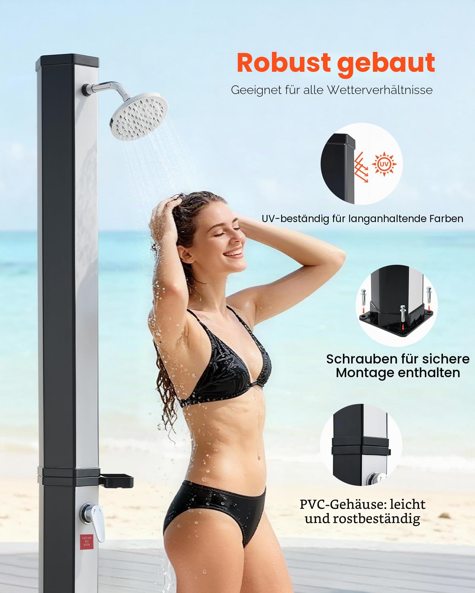 VEVOR Solardusche 35 L, Gartendusche 2160 mm, Außendusche mit Fußarmatur & Seifenablage, Warm- & Kaltwasserregulierung, max. 60°C, Campingdusche für Garten, Poolbereich, Strandpool, Schwarz/Silber