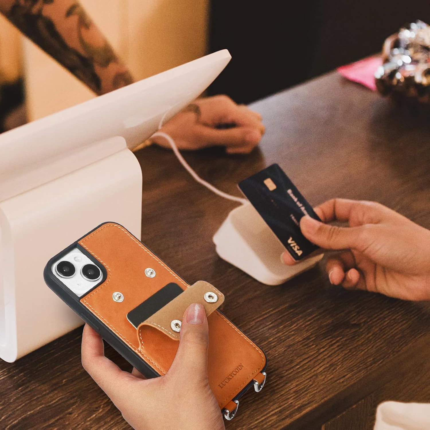 Leather Wallet Phone Case Compatible with iPhone 15 Plus,Crossbody Lanyards Wallet Phone Case for Women,Purse Flip Card Pouch Cover Case with Pouch Clip Card Holder Adjustable Wrist Strap Brown