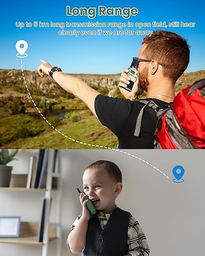 Miniatura 6 de MOREXIMI Walkie Talkies para niños, paquete de 2 unidades, 22 canales de largo alcance, juguetes educativos al aire libre para niños de 3 a 12 años