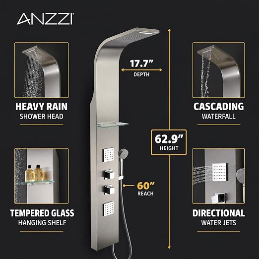 Panel de ducha ANZZI Niagara 64" con masaje corporal y rociador miniatura 8