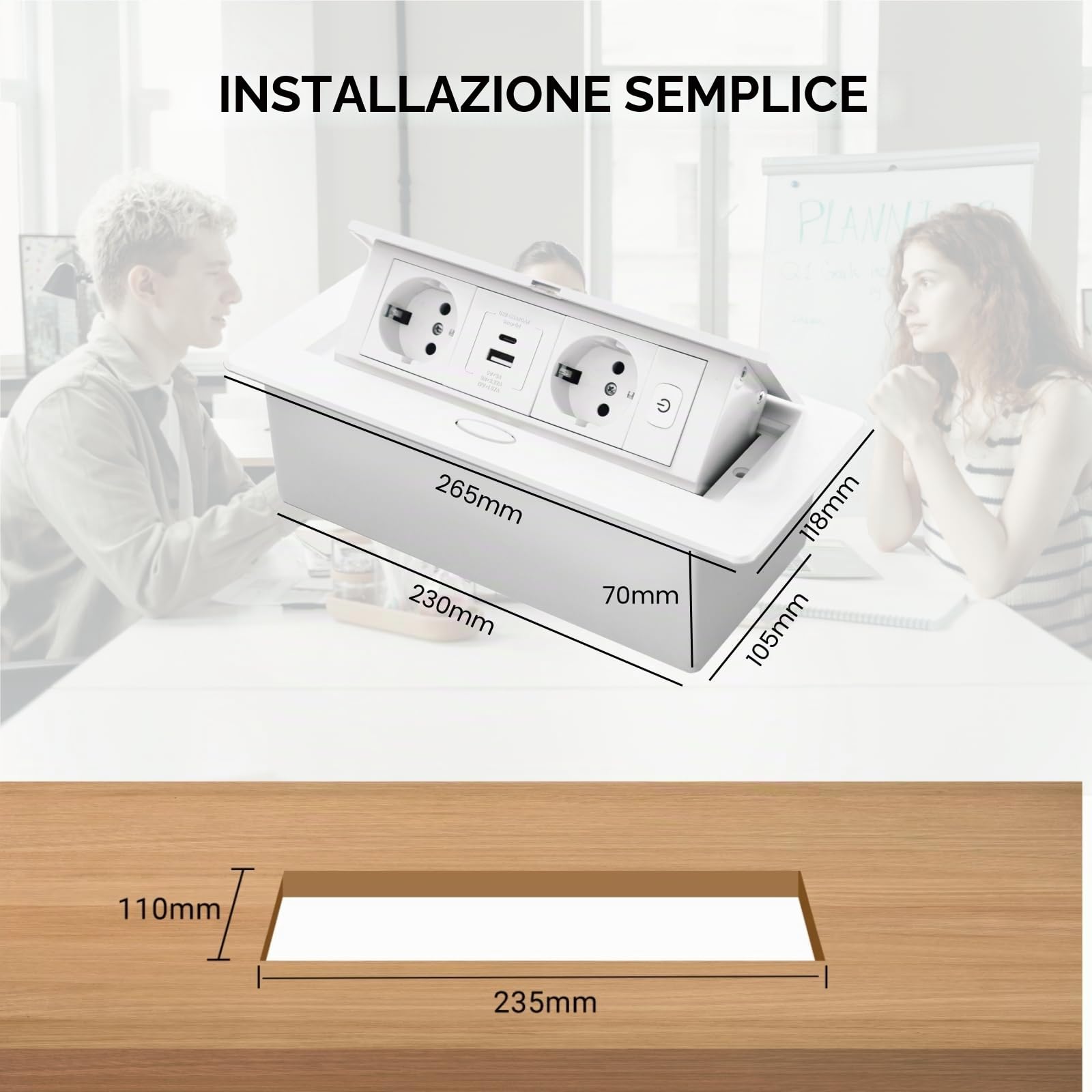 Presa retraibile PD20W USB-C con ricarica rapida, presa da tavolo, presa a muro con interruttore per piano di lavoro della cucina, scrivania, Bianca