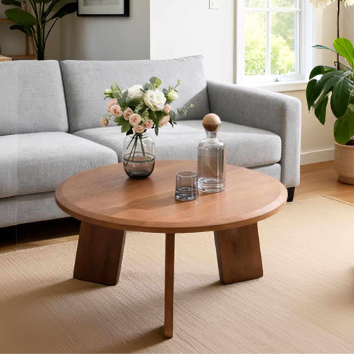 32" Round Coffee Table, Large Solid Wood French Country Accent Table, Farmhouse Side Table for Family/Office/Living Room/Sofa Couch End/Bedroom, Walnut