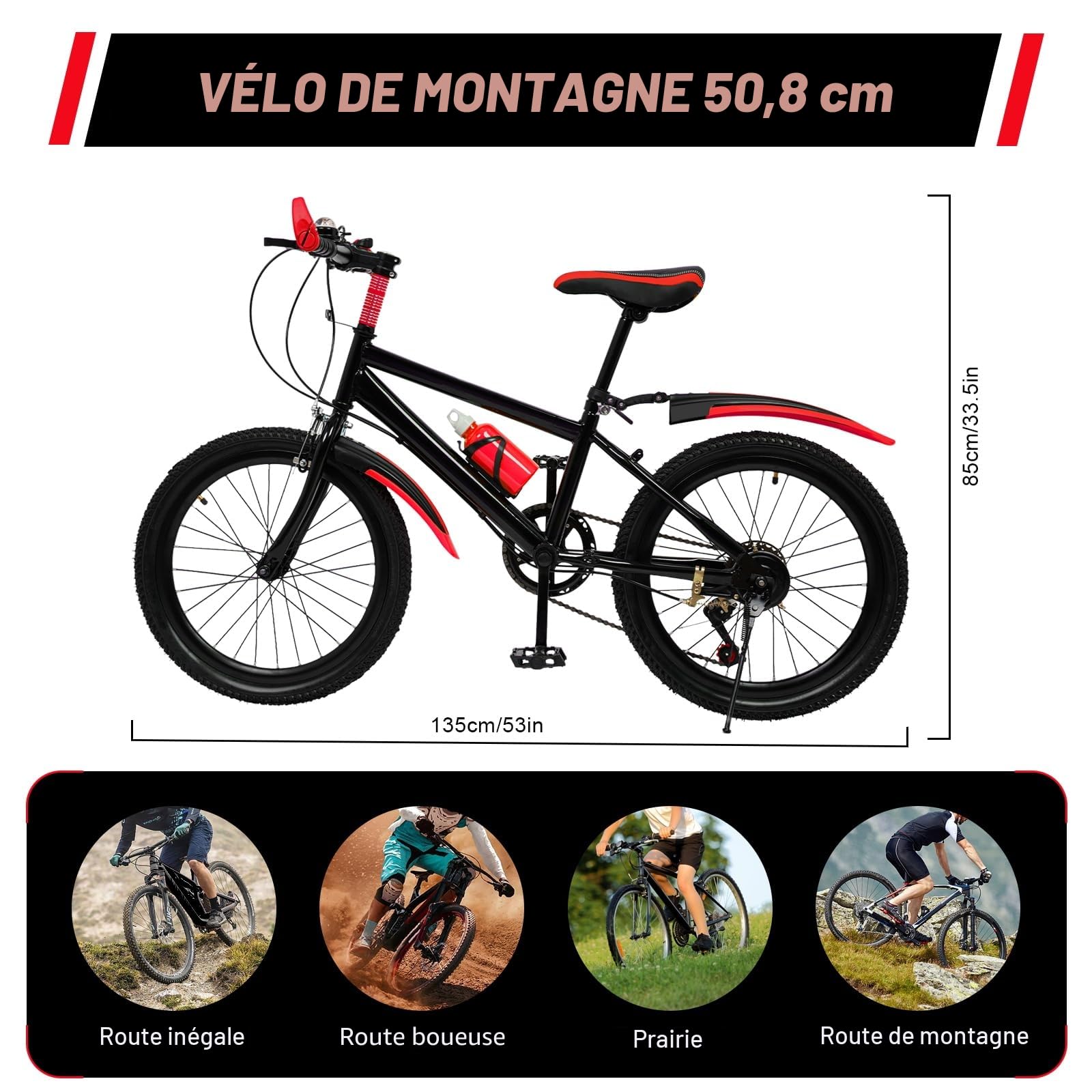 VTT 20 pouces pour enfants, 7 vitesses, hauteur réglable pour 8, 9, 10, 11, 12, 13 ans, avec fourche à suspension, bouilloire et support de rangement