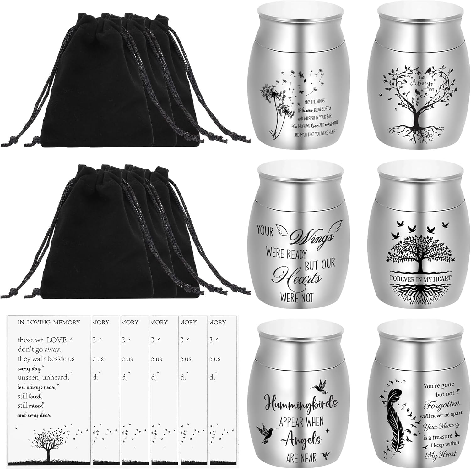 6 Set Small Urns for Ashes Cremation Urns 1.57 Inch Silver Ashes Keepsake Funeral Urn with Memorial Cards and Velvet Bag for Human Pet Ash (Dandelion)