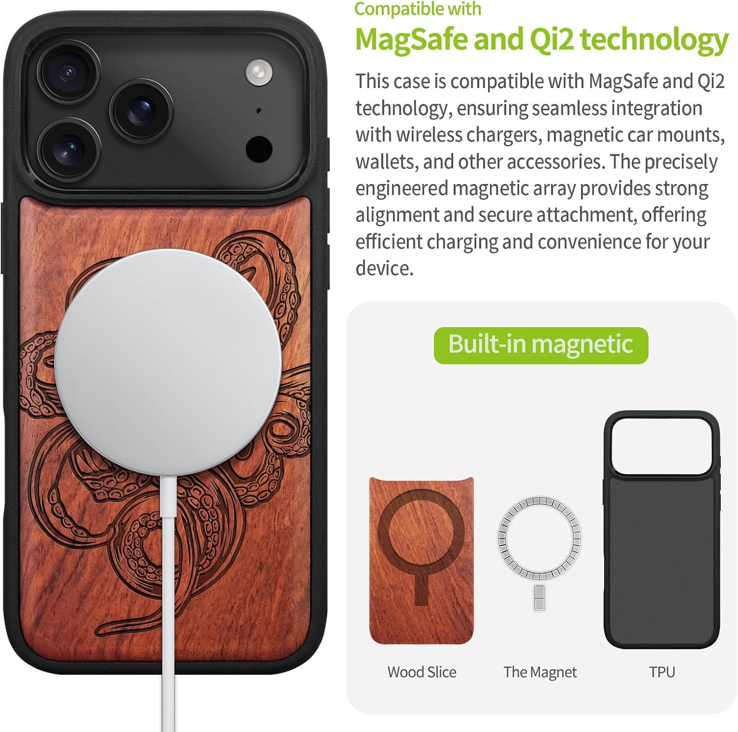 Carveit Magnetic Wooden Case for iPhone 17 Pro Case, Wood Artisan Engraved & Black Soft TPU Shockproof Cover, Compatible with MagSafe Wireless Chargers (Octopus Drawing) Rosy