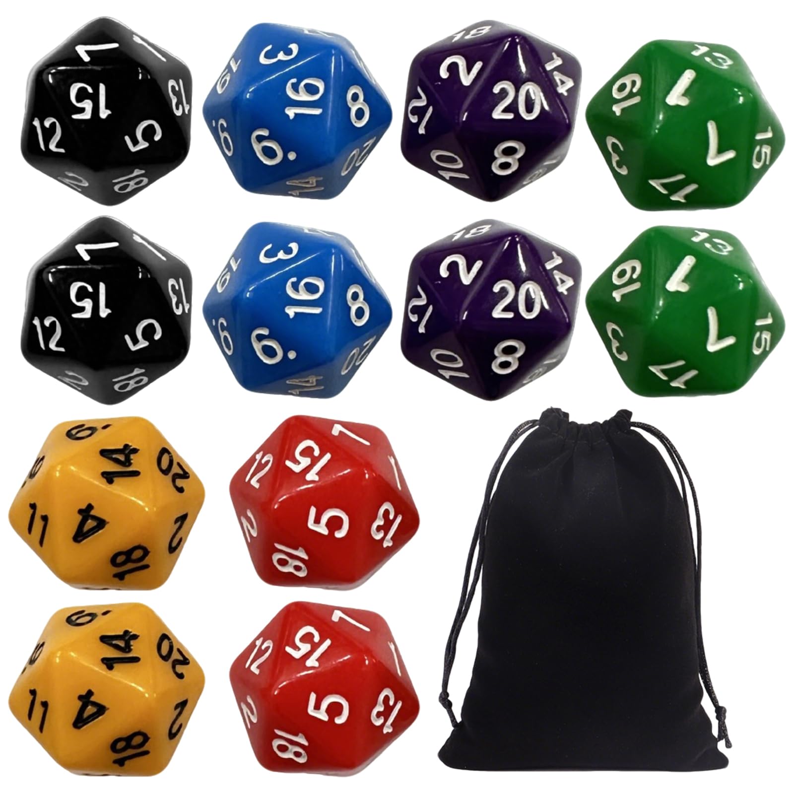 GZLANYA 12Piece D20 Dice Set, 6-Color 20 Sided Dice Set, DND, MTG and Board Games with dice bag