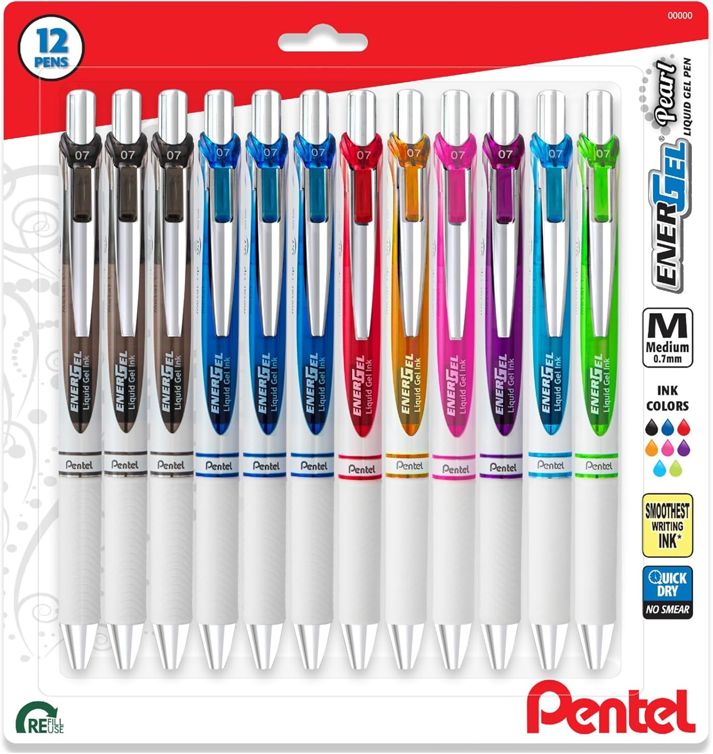Pentel Energel Pearl Medium Point, 0.7mm Pens - Retractable, Metal Tip Pens in Assorted Colors, Pack of 12