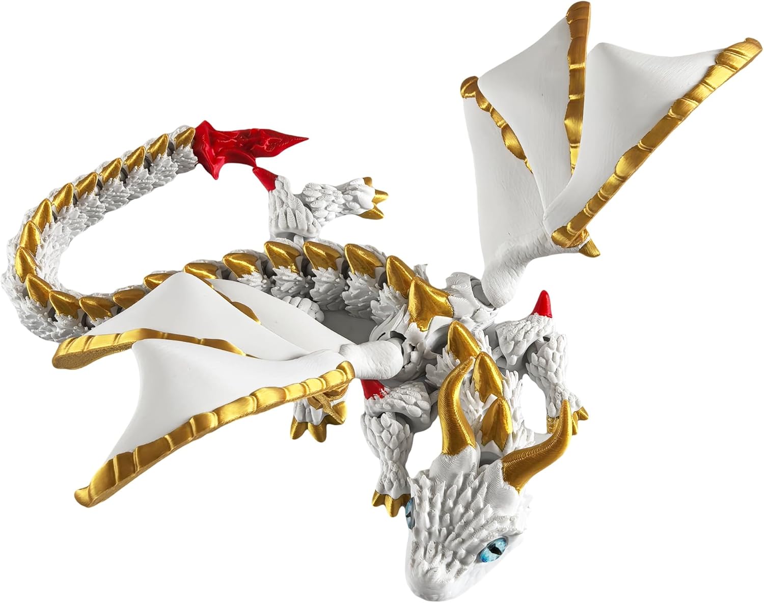 3D Printed Dragon with Wings, 15" Flexible Articulated Fidget Toy, Anxiety Relief 3D Printed Animal, Desktop Pet Decor, for Kids, Adults & Dragon Lovers (White-Gold)