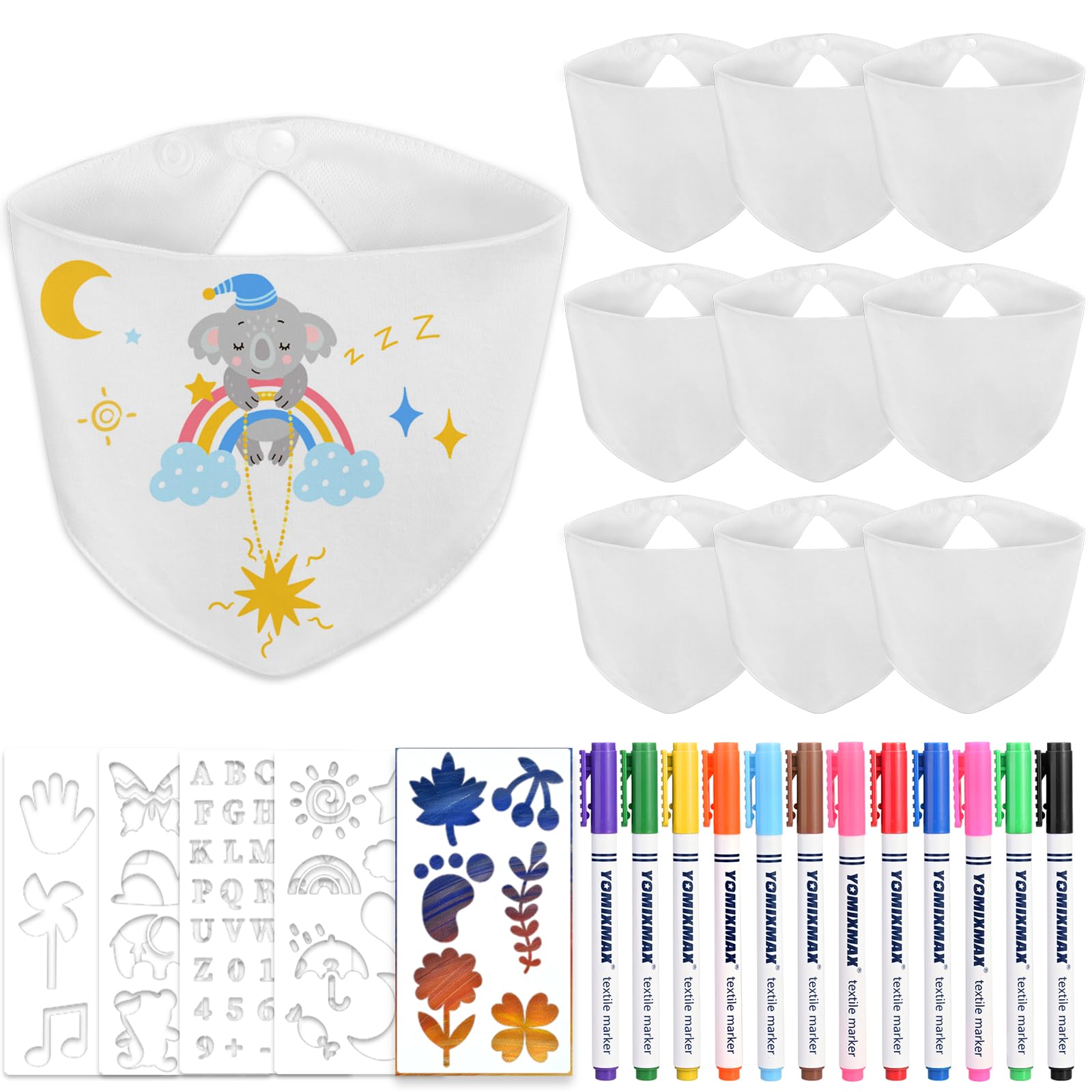 Faburo Baby Lätzchen zum Bemalen, 10 Stück Baby Lätzchen Dreieckstuch Baby Weiß Sabberlätzchen Lätzchen Doppelseitig lätzchen Baumwolle mit 5 Schablonen 12 Bunten Textilstiften für Babyparty