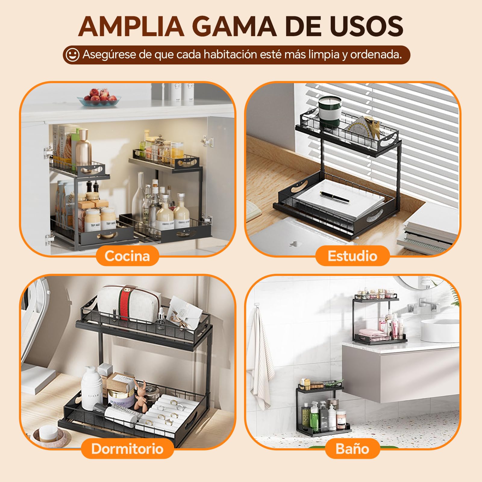 Estante metálico extensible, 2 niveles, debajo del lavabo y fregadero, organizador para armarios de cocina y baño (Negro)