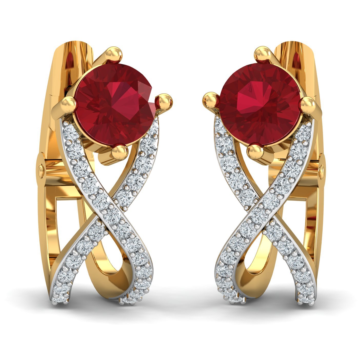 14KT Yellow Gold Diamond Królewski Ruby Hoop Earrings for Women-image-6