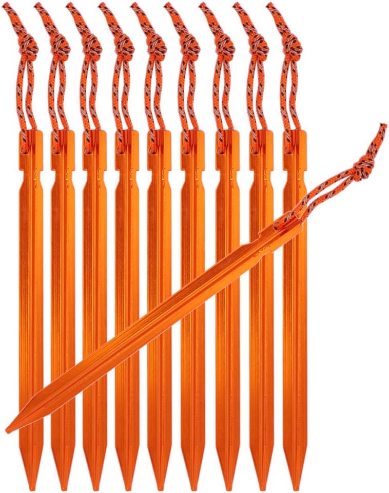 Hikemax Tripmas Ultralight Aluminum Tent Stakes Rhombic Tent Pegs with Reflective Pull Cords & Pouch, Orange (Pack of 10)