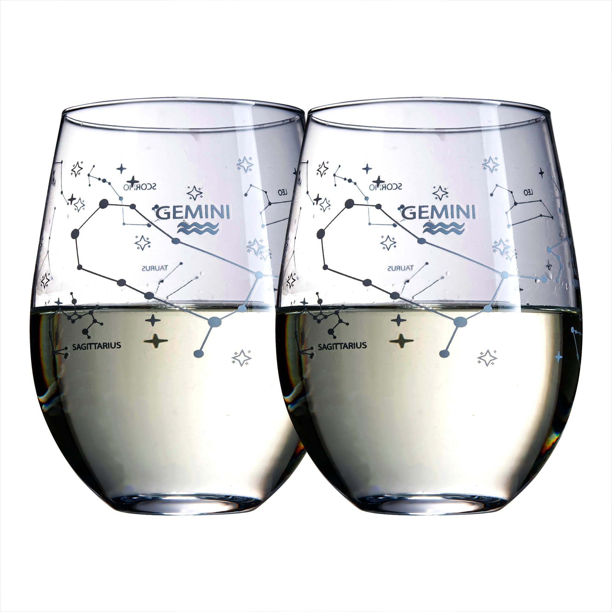 The Wine Savant Set of 2 Zodiac Sign Wine Glasses with 2 Wooden Coasters Astrology Drinking Glass Set with Etched Constellation Tumblers for Juice, Water Home Bar Horoscope Gifts 18oz (Gemini)